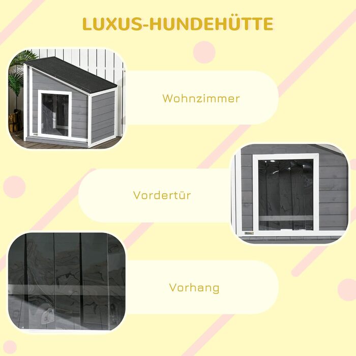 Дерев'яний вольєр для собак PawHut - Будинок для собак з відкриваючим дахом та шторкою на дверях, вулиця, стійкий до погодних умов, сірий, 71 x 58 x 53/77 см