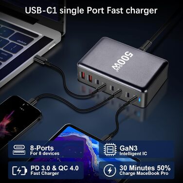 Зарядний пристрій USB C 500W, 8 портів: швидка зарядка USB-C/USB-A, PD PPS 100W для MacBook, iPad, Samsung та інших пристроїв