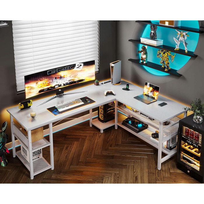 Кутовий ігровий комп'ютерний стіл 168x120 см, білий, з подовжувачем