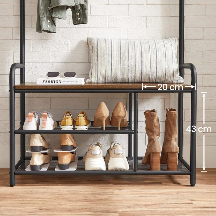 VASAGLE Coat Rack, Coat Stand, Clothes Rack with 9 Hooks, Shoe Bench, Shelf, 30 x 85 x 180.5 cm, for Entryway, Bedroom, Small Apartments, Industrial Design, Vintage Brown-Black HSR409B01