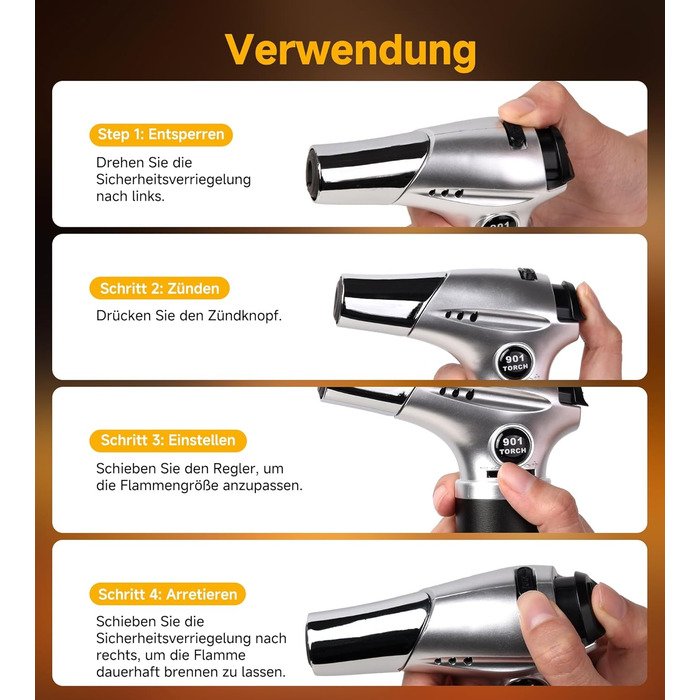 Кулінарний пальник Ankway для карамелізації та фламбування, газовий пальник для Крем-брюле з замком безпеки, регульований, сріблястий (бутан не входить)