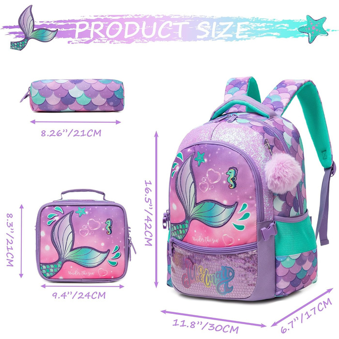 Шкільний рюкзак для дівчинки HTgroce 3 клас. Рюкзак для школи з принтом русалки, колір ліла