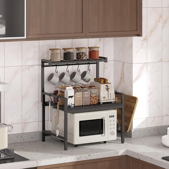 Поличка для мікрохвильової печі, кухонна поличка, 2 яруси, з підставкою для обробної дошки, органайзер з 8 гачками, чорний, ABRBN5301