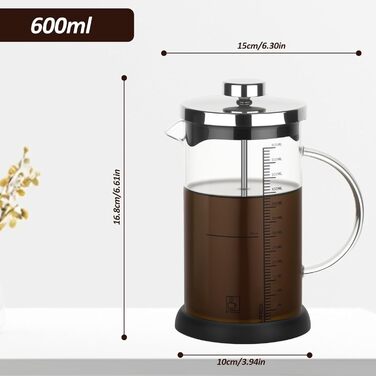 Френч-прес 600мл з нержавіючою сталлю, кавова преса, для приготування кави та чаю, стійке до нагрівання скло, підходить для миття в посудомийній машині