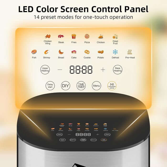 Ультра-сучасна аерофритюрниця Uten Dual Blaze 2000 Вт, без олії, 5,5 л, з оглядовим вікном, 14 програм, рецепти, відкладений старт, без перевертання продуктів, срібляста, квадратна форма