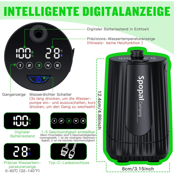 Портативна душова кабіна Spopal для кемпінгу, 10000mAh, з насосом та аксесуарами. Чорний колір. Ідеально для кемпінгу, відпочинку, автомийки та догляду за тваринами.