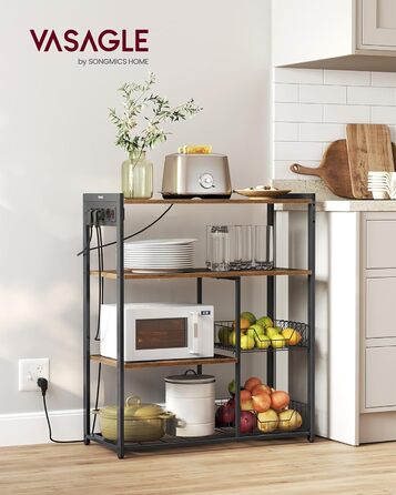 Стелаж кухонний VASAGLE з розетками, підлоговий з 2 металевими кошиками, стелаж пекаря з гачками, полиці, 35 x 80 x 93,5 см, індустріальний дизайн, вінтажний коричневий + чорний, KKS196K01