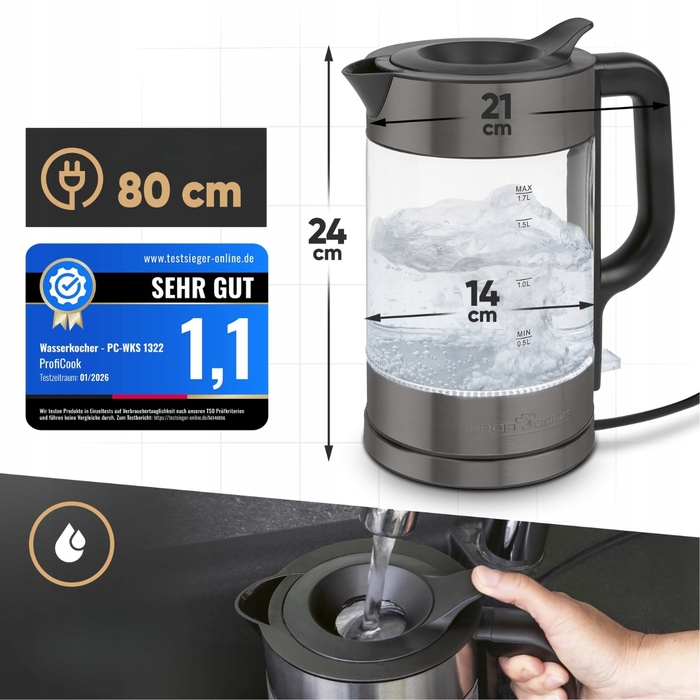 Електричний чайник Profi Cook WKS501331, 2200 Вт, 1,7 л, сріблястий/сірий