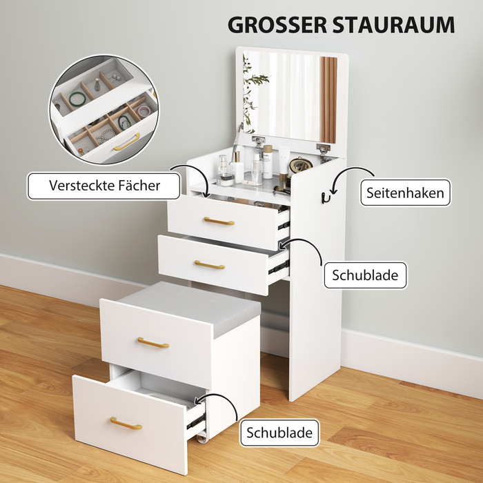 HOMCOM 3-in-1 Vanity Table with Mirror, Nightstand, Rolling Stool, Drawers, White
