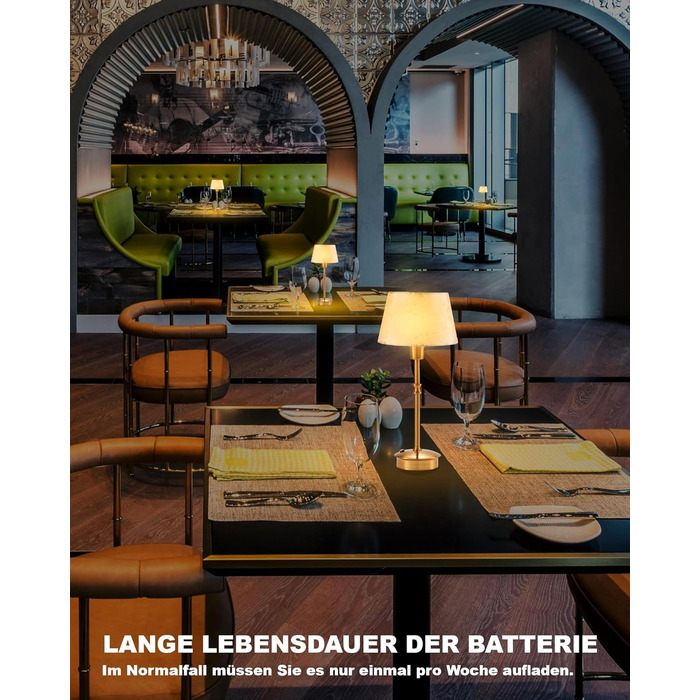 Настільна лампа OCEST на акумуляторі, сенсорне керування, регульована яскравість, для дому, кухні, тераси, їдальні (античне латунь-лінолеум), плафон з шовку 35,5 см