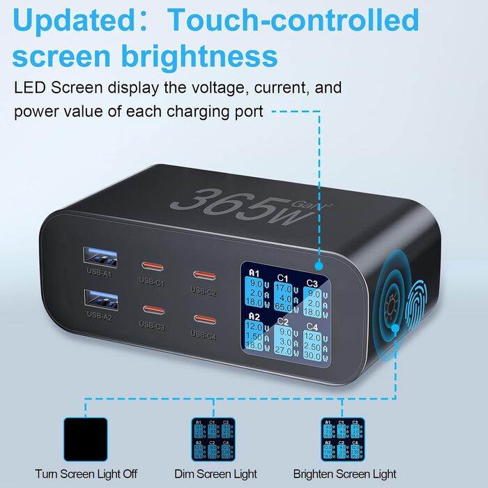 Зарядний пристрій USB-C 365W YSYFAD з 6 портами, PD 100W, QC 3.0, LED індикатор - для MacBook, ноутбуків, iPhone, iPad (Чорний)