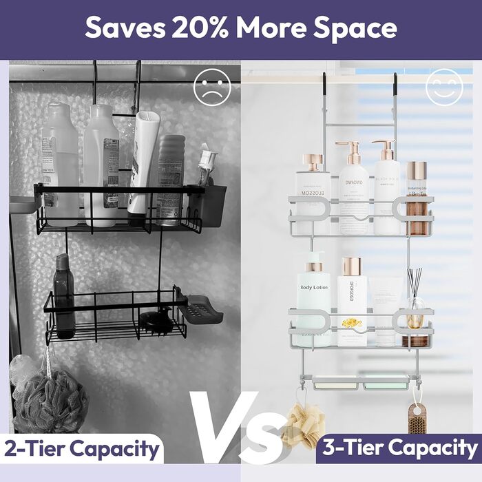 Настінна поличка для душу SWTYMIKI з нержавіючої сталі з 2 кошиками та 2 мильницями, 14 гачків, срібна