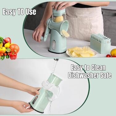 Ручна тертка для сиру та овочів з 5 зміненими лезами з нержавіючої сталі, кругла тертка з ручною рукояткою, харчовий подрібнювач для кухні, зелена коробка для зберігання