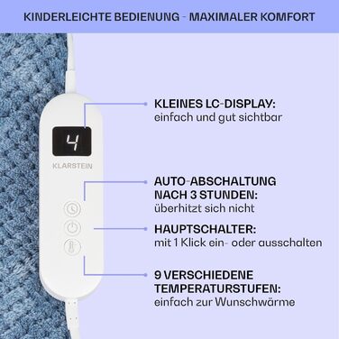 Електрична ковдра Klarstein XXL, 120W, з автовимкненням, для ліжка, дивана та кемпінгу, велика, енергозберігаюча, пральна, 200x180 см, блакитна