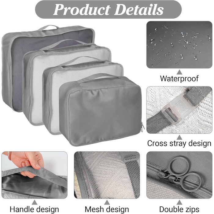 Органайзер для валізи Zorplex, набір 10 шт: кубики для пакування, аксесуари для подорожей, сумки для одягу, взуття та косметики (сірий)