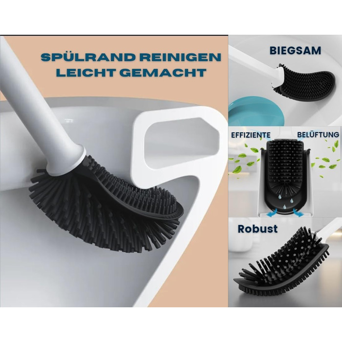 Силіконова щітка для унітазу R&B German Label з кріпленням на стіну без свердління - біло-чорна