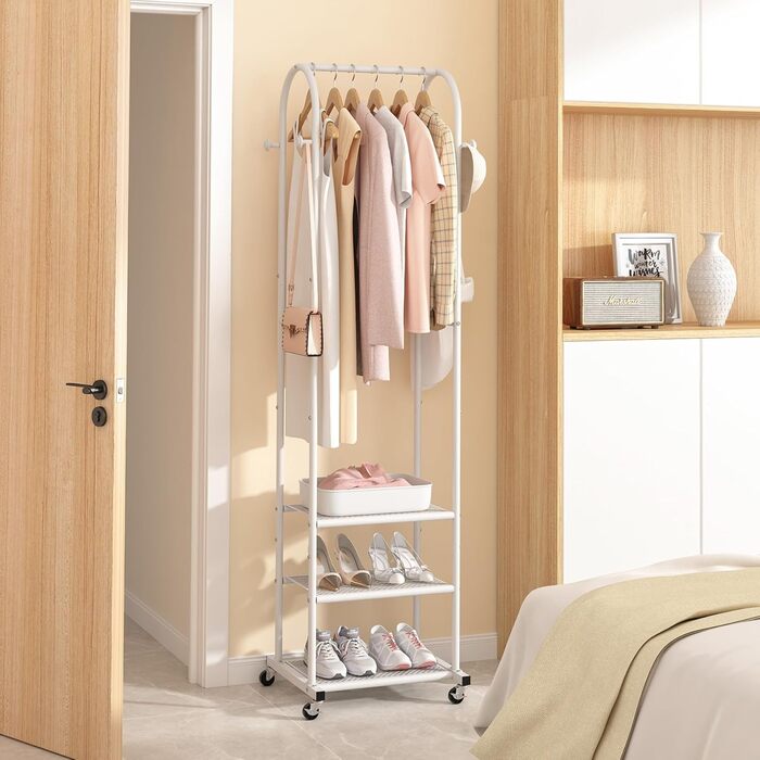 Robust clothes rack with wheels, modern clothes rack with 3 metal shelves, 180 cm display rack for hanging clothes, garment rack for small spaces, (White/Opulent Garden)