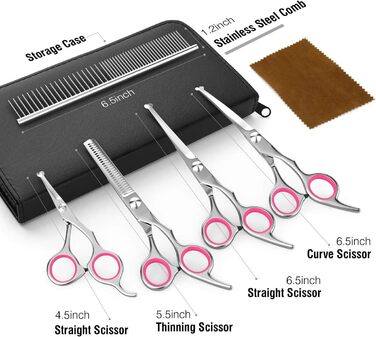 Набір професійних ножиць для грумінгу собак Pawaboo (5 шт.) з безпечними закругленими кінчиками. Ідеально для догляду за шерстю собак та котів. Рожевий колір.