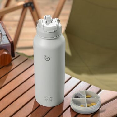 BOTTLE BOTTLE Insulated Water Bottle with Straw, Sports Stainless Steel Water Bottle with Handle Lid, Outdoor Sports Bottle for Pills, 1L (White)
