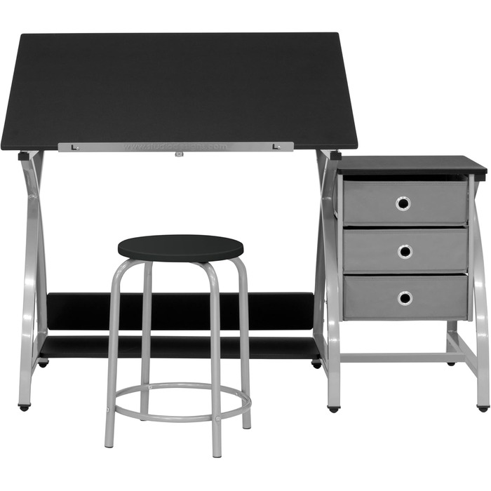 SD Studio Designs Comet Center Plus Craft Table & Stool Set with Storage - Adjustable Top - Silver/Black