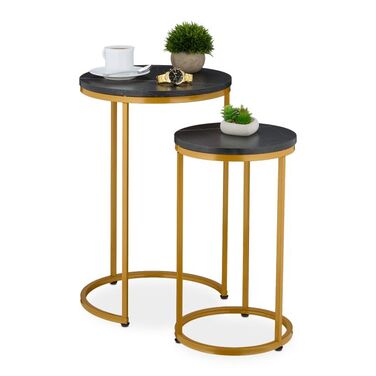 Relaxdays Side Table Set of 2, Marble Look & Metal