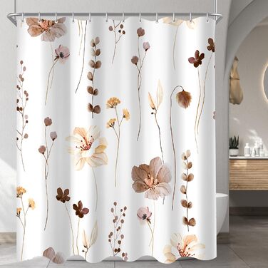 Штора для душу 240x200 см коричнева з квітами, антигрибкова, водовідштовхувальна, поліестер, з кільцями для ванної кімнати