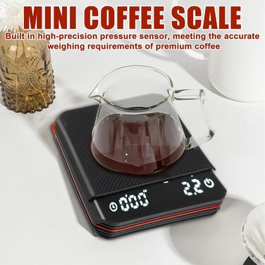 Еспресо вага з таймером, 3 режими, USB, цифрова міні вага для кави з LED-дисплеєм, таймер, 0.1г, висока точність, для фільтр-кави, приготування їжі, випічки, точна вага (чорний)