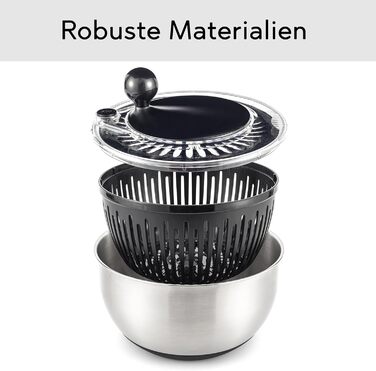 Салатниця-швидкокрутка з нержавіючої сталі – для миття, просушування та зберігання салату. BPA-free, об'єм 4,5 л, з ручним приводом