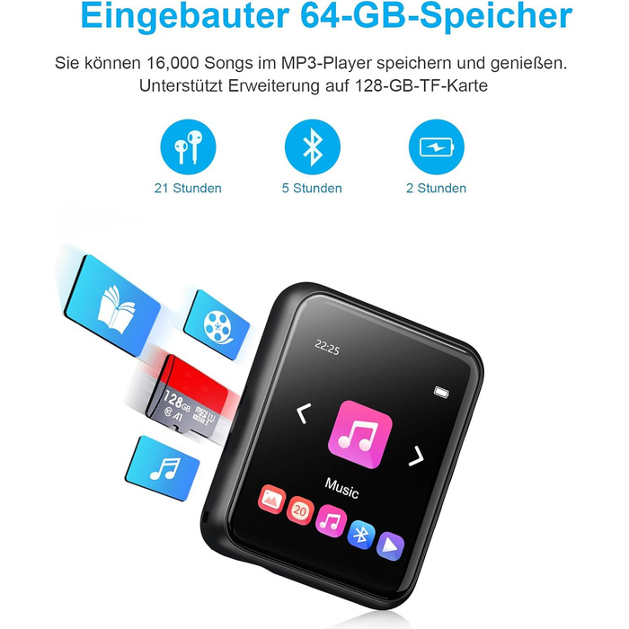 MP3 плеєр 32GB Bluetooth 5.0 з сенсорним екраном, Hi-Fi звук, радіо, диктофон, металевий корпус (Чорний)