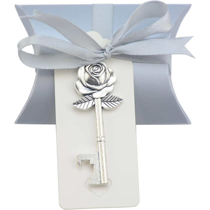 Aokbean 50pcs Wedding Key Bottle Openers Vintage Rose Flower Shape Gifts for Guest Gift Set with Candy Boxes, Thank You Tags and Ribbon (Antique Silver)