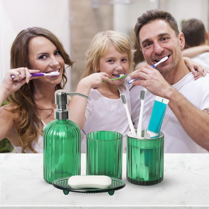 Umimile Bathroom Accessory Set, 6-Piece, Green Glass, Complete Toothbrush Holder, Cup, Lotion Dispenser, Soap Dish, Vanity Organizer, Aromatherapy Cup for Apartment, Bathroom Decor (Creen, 4 Pcs Bathroom Set)