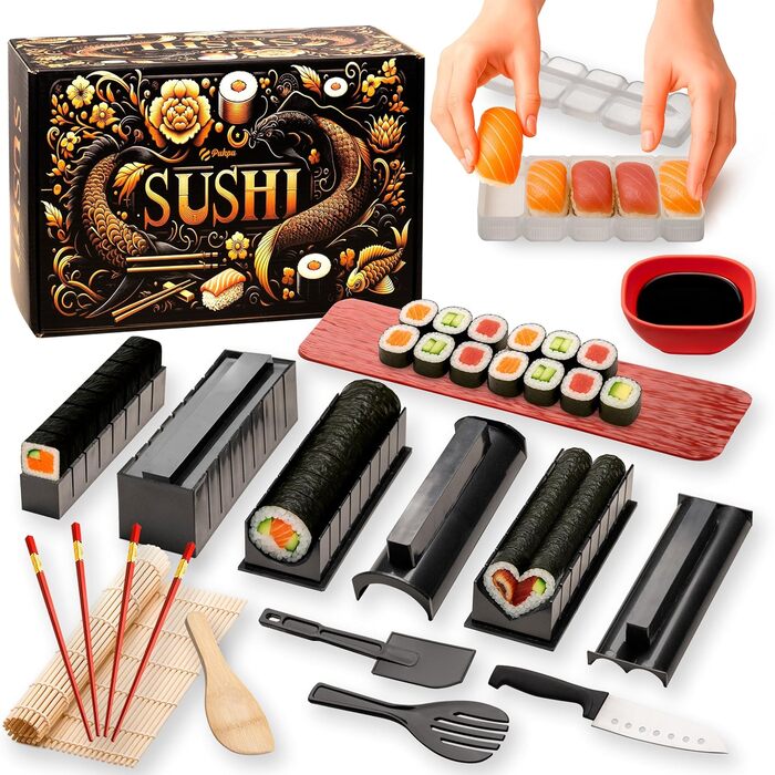 Набір для приготування суші Pukpu Sushi Set – повний комплект на 20 частин з бамбуковою килимком, інструментами, тарілкою, соусницею, паличками, подарунковою коробкою. З інструкцією та відео – ідеальний набір для початківців