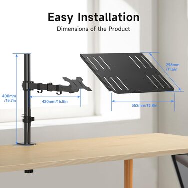 Suptek Adjustable Monitor Arm with Laptop Holder - Full Range Motion for 13-27 inch Screens (40cm Pole)