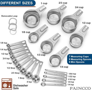 Paincco Measuring Cups & Spoons Set, 21 Pieces, including 7 stackable and nestable measuring cups, 9 measuring spoons & 5 mini measuring spoons, for dry and liquid ingredients