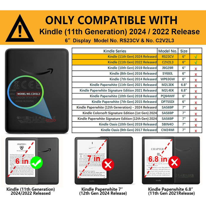 Чохол TOKILO для Kindle 6 (11-го покоління 2024/2022), м'яке PU-шкіряне покриття з авто-ввімкненням/вимкненням, чорний