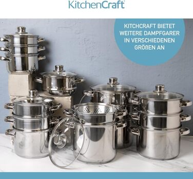 KitchenCraft 3-Tier Steamer, universal steaming insert, stainless steel, suitable for 16, 18 and 20 cm wide pots, Silver 1 Silver
