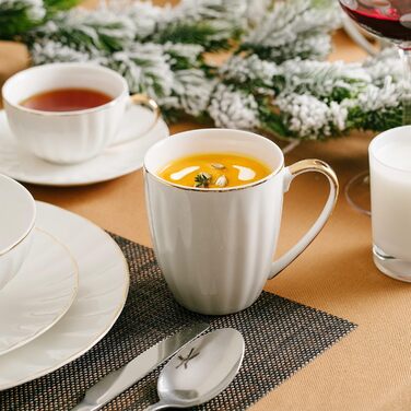 BTaT - White Coffee Cups, Set of 6, 340 ml, White Porcelain with Gold Rim, Coffee Cup Set, Hot Chocolate, Ceramic Mug, Large Cups for Coffee, Hot Cocoa Cups, Coffee Cup Set amic