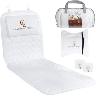 Bathtub Pillow Full Body Bath Pillow (125x43cm) - Bathtub Mat with Headrest Supports Neck, Back, and Legs - With Wash and Travel Bag and Hanging Hooks for Quick Drying - White