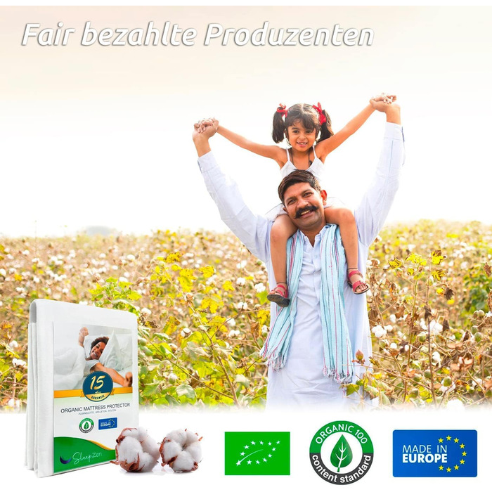 Mattress protector, organic cotton 140x200cm Molton. OCS® and Oeko-TEX® certified, 100% cotton natural fleece. Healthy and quiet mattress topper. Not water-repellent - Made in EU.