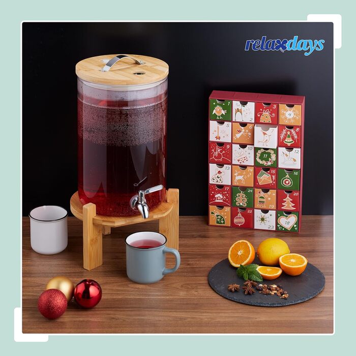 Диспенсер для напоїв Relaxdays, 5 літрів, холодні та гарячі напої, бамбуковий підставник, термометр, посудина для пуншу, прозорий/натуральний