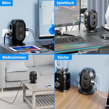 Багатофункціональна мережа живлення Colstar з 4 USB, 8 розеток, захистом від перенапруги, 2м кабелем, для дому та офісу, чорна