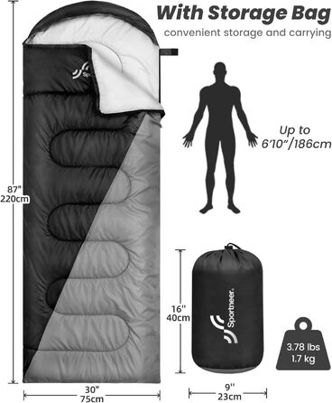Сплячий мішок Outdoor Sportneer для дорослих та дітей - легкий спальний мішок для кемпінгу, походів та рюкзакових подорожей 220x75 см, чорний+сірий