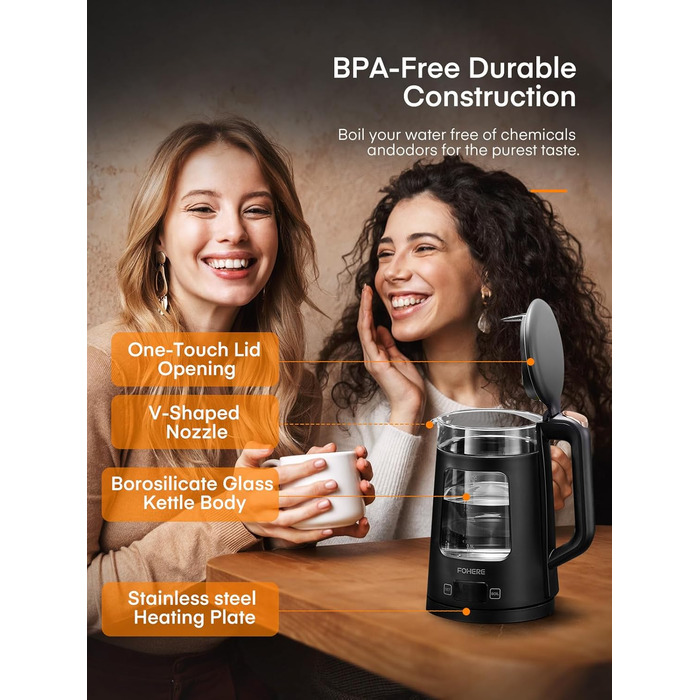 Electric Kettle with Temperature Control - 1.7L Glass Kettle with Keep Warm Function, 2200W Fast Boil, Auto Shut-Off & Dry Boil Protection, 5 Color LED Lights - Black