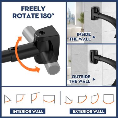 Вигнута штанга для душу, 107-190 см, регульована, чорна, кругла, для ванни, душової кабіни, з нержавіючої сталі, преміум-якість, потребує свердління