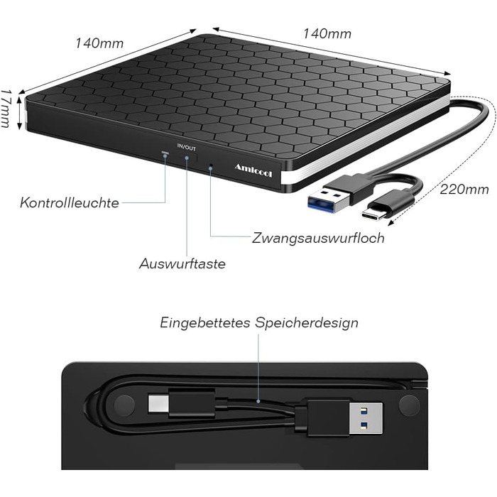 Зовнішній DVD-накопичувач Amicool USB 3.0 та Type-C, портативний CD/DVD +/-RW привід для ноутбука, ПК та MacBook (Windows, macOS, Linux)