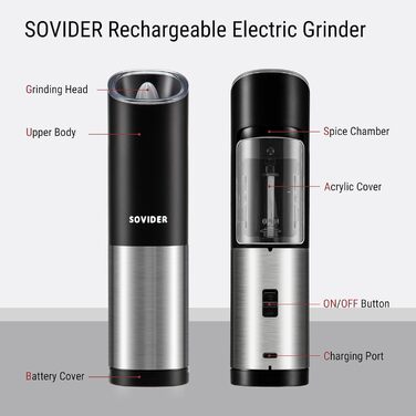 Електрична млинка для перцю та солі SOVIDER, USB-заряджання, регульований помел, LED-підсвітка, для ресторану та гриля