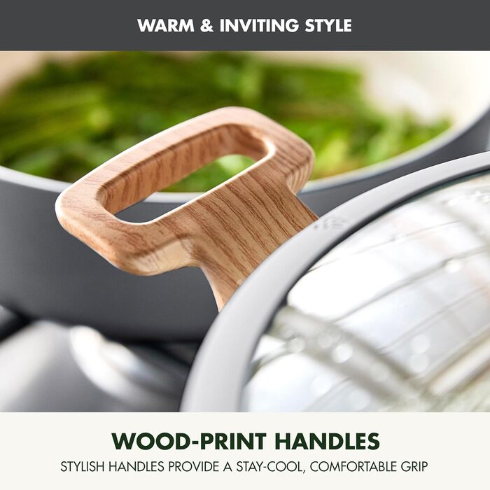 Набір посуду GreenPan Rio Essence Wood 10 предметів: керамічне антипригарне покриття, індукція, силіконові кришки, дерев'яні ручки, сірий
