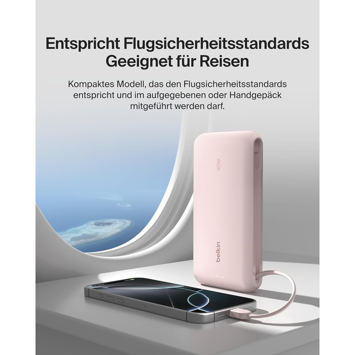 Повербанк Belkin Portable Powerbank 20000 mAh з вбудованим кабелем USB-C, швидка зарядка PD 30W для iPhone 16, iPad Pro, Samsung Galaxy S25, рожевий