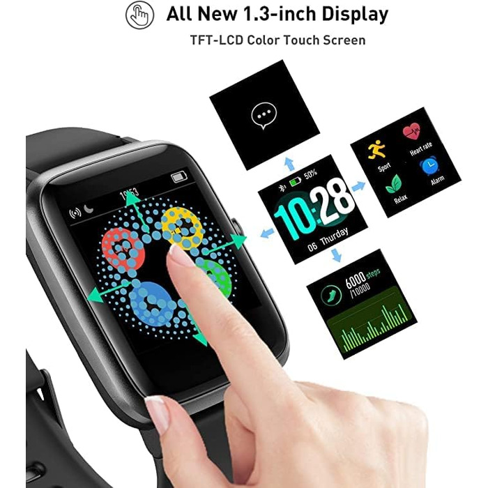 Fitpolo Розумний годинник для жінок, чоловіків та дітей. Фітнес-трекер з вимірюванням пульсу, водонепроникний IP68, повний сенсорний екран, моніторинг сну, музичне керування, сумісний з Android та iOS, чорний