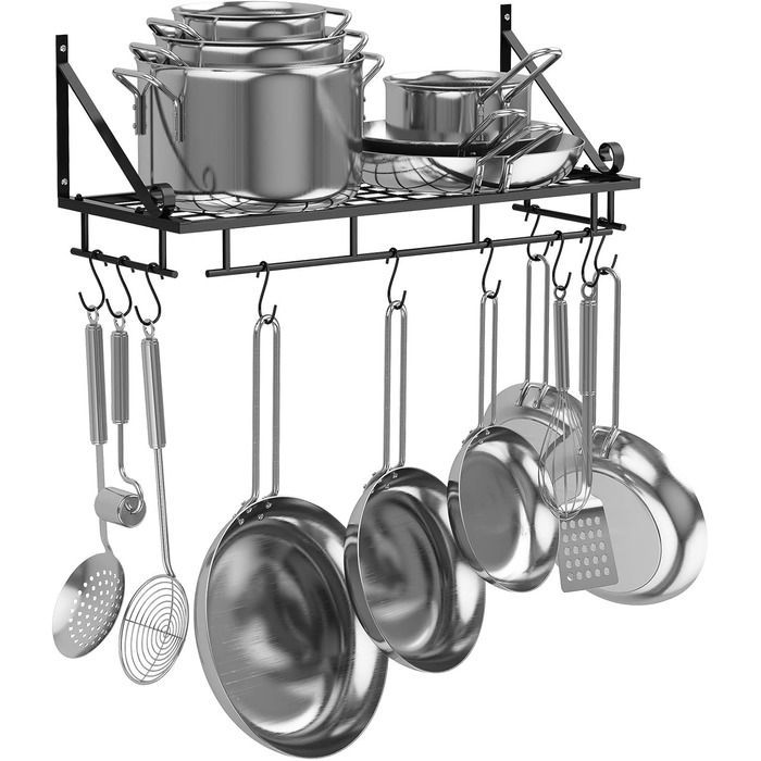 K-1121 60 CM Black Large Kitchen Shelf, Wall Shelf for Pots, Pans, and Utensils, Hanging Shelf with 10 Hooks